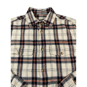 Banded Mens Plaid Flannel Button Up Shirt Cream Navy Orange Long Sleeve Medium